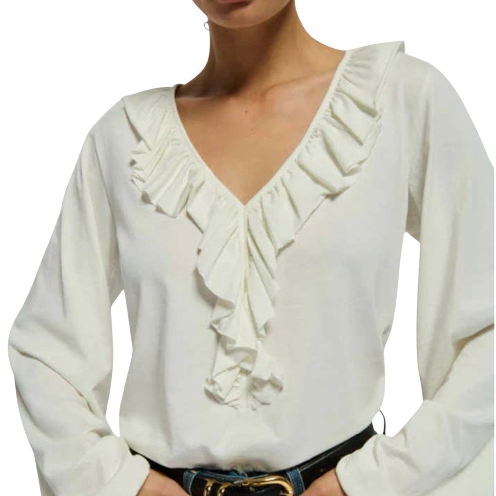 NATION LTD LA Giorgio L/S Porcelain Organic Cotton Ruffle V-Neck Top NWT $180 XS
